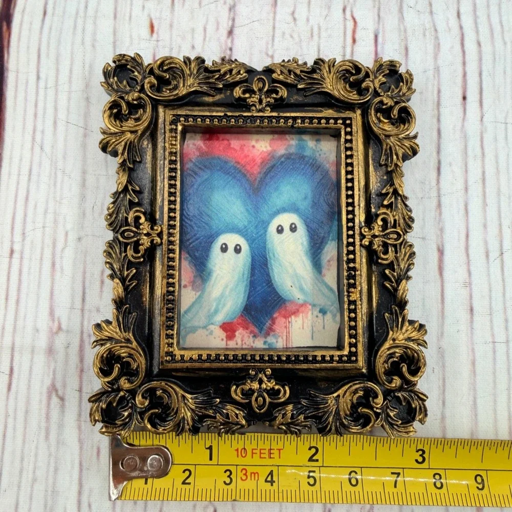 Handmade Ghost Heart Decoupage Art Ornate Gold Black Resin Frame Mini